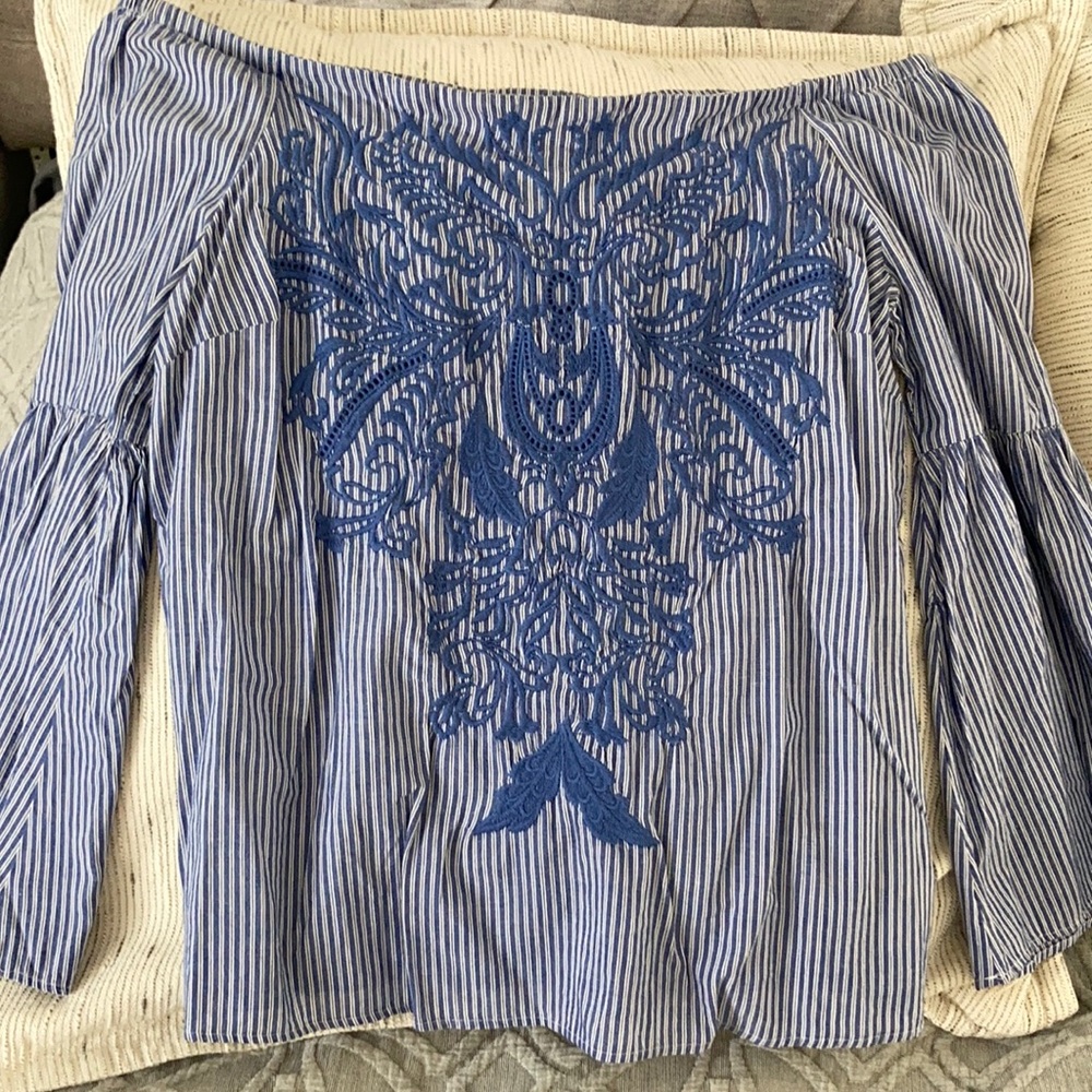 INC Off-the-Shoulder Blouse with Bell Sleeves and Embroidery - Medium